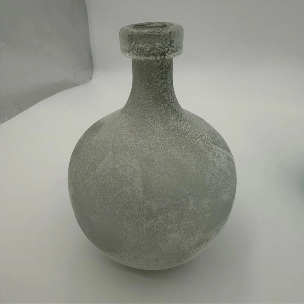 West Elm Frosted Vases (2), 9.5” Aqua Blue Bottle Vase And 7.5” Grey Round Vase
